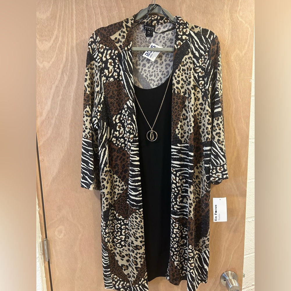Black dress with attached animal print cardigan